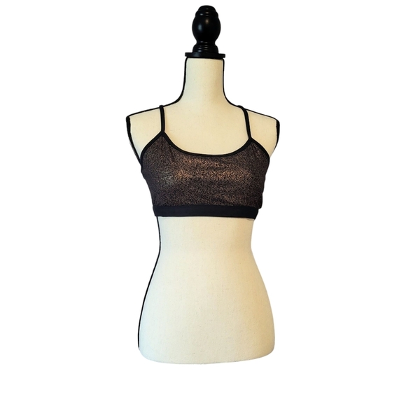 Fabletics sports bra black foiled copper mesh panels strappy crisscross back M - Picture 1 of 8